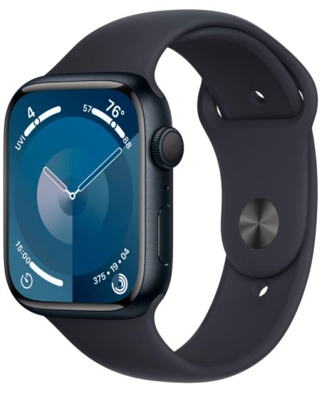 Apple Watch Series 9, 45 мм, корпус из алюминия цвета тёмная ночь, спортивный ремешок цвета тёмная ночь, размер S/M
