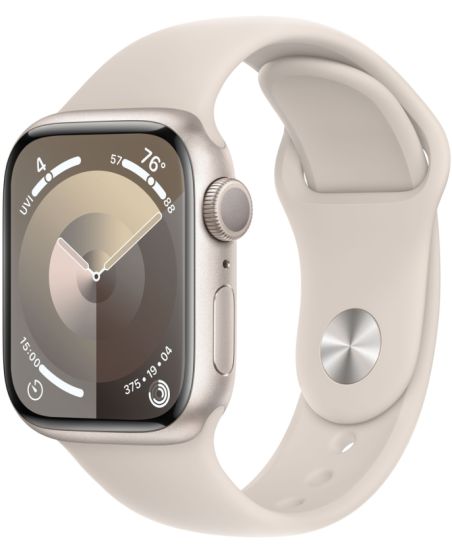 Apple Watch Series 9, 45 мм, корпус из алюминия цвета «сияющая звезда», спортивный ремешок цвета «сияющая звезда», размер S/M